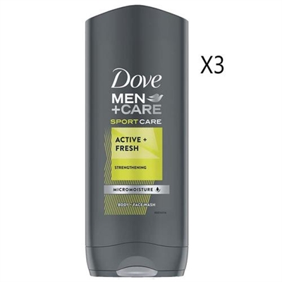 Dove Men + Care Sport Care Active + Fresh Body And Face Wash 13.5oz / 400ml 3 Packs