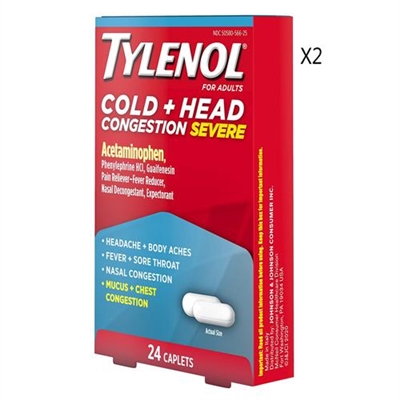 Tylenol Cold + Head Congestion Severe 24 Caplets 2 Packs