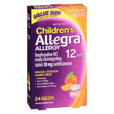 Allegra Allergy NonDrowsy 12HR Childrens Indoor/Outdoor Allergy Relief 24 Tablets Orange Cream