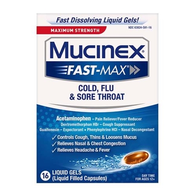 Mucinex Maximum Strength Fast Max Cold, Flu, and Sore Throat 16 Liquid Gels