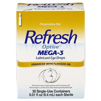 Refresh Optive Mega 3 Lubricant Eye Drops 30 Single Use Containers 0.01oz / 0.4ml