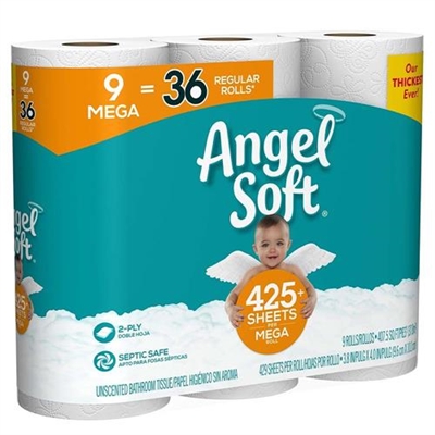 Angel Soft Unscented Bathroom Tissue 9 Mega Regular Rolls 2 Ply Sheets
