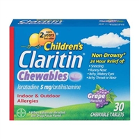 Claritin Non Drowsy Childrens 24 Hour Relief Indoor Outdoor Allergies 30 Chewable Tablets Grape Flavored