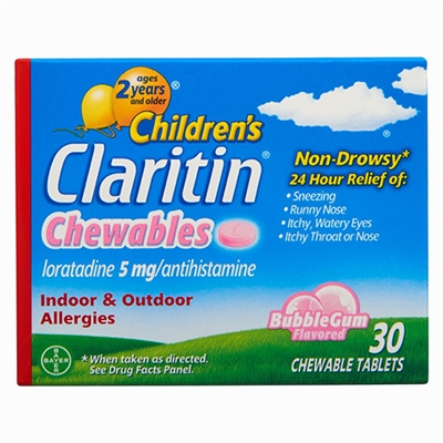 Claritin Childrens Chewables 24HR Indoor  Outdoor Allgeries Bubble Gum 30 Tablets