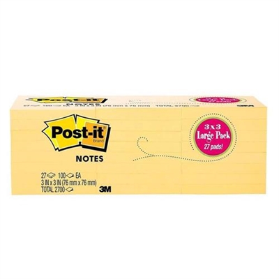 Post It Notes 3 x 3 In Yellow 100 Sheets / 27 Pads