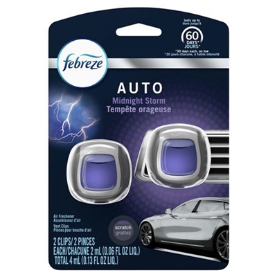 Febreze Auto Air Freshener Midnight Storm Scent 60 Days 2 Clips 0.13oz / 4ml