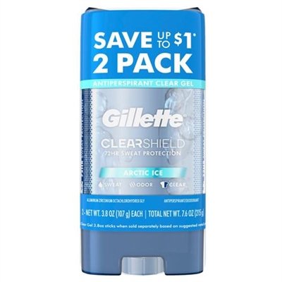 Gillette Clear Shield 72HR Clear Gel Antiperspirant Deodorant Arctic Ice 2 Pack 3.8z / 107g