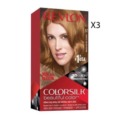 Revlon Colorsilk Beautiful Color Hair Dye 57 Lightest Golden Brown 3 Packs