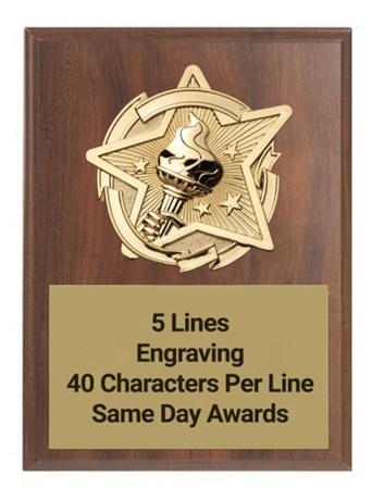 Gold Star Victory Walnut Plaque Custom Engraved Recognition Award with Raised 3D Victory Emblem
