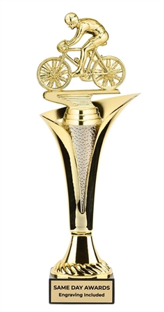 male bicyclist trophy, cycling trophy, bicycle racing trophy, custom cycling award, engraved cycling trophy, road race trophy, BMX trophy, mountain bike award, cycling championship trophy, bike race award, cycling competition award, cyclist trophy