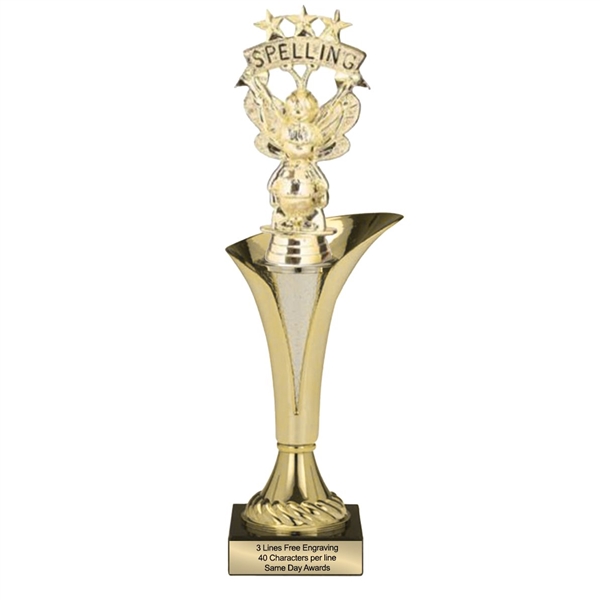 Typhoon Cup Spelling Bee Trophy with gold cup, academic figure, and marble base with engraved plate