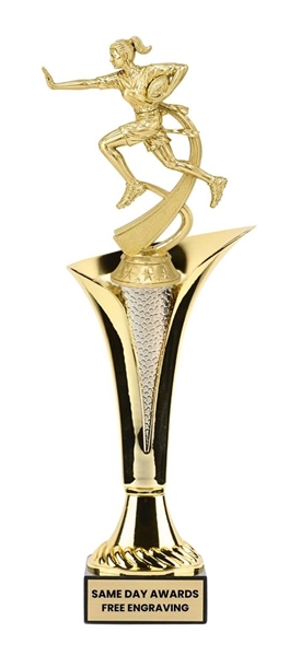 Typhoon Girls Flag Football Trophy with gold cup design, marble base, and free custom engraving.