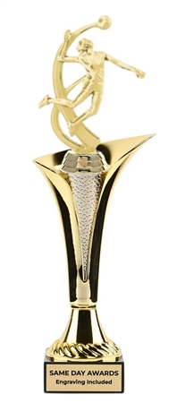Typhoon Cup Female Volleyball Trophy with gold cup, female volleyball figure, and marble base with engraved plate