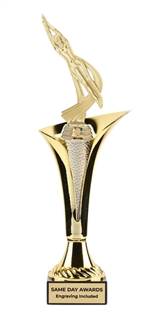 Typhoon Cup Female Swimming Trophy with gold cup, female swimmer figure, and marble base with engraved plate