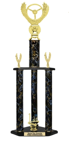 Personalized 3 Column Winged Wheel Car Racing Trophy with racing emblem, custom colored columns, championship trim, and engraved name plate