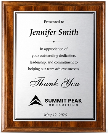 Walnut and silver custom engraved recognition plaque for employee appreciation and corporate achievement awards