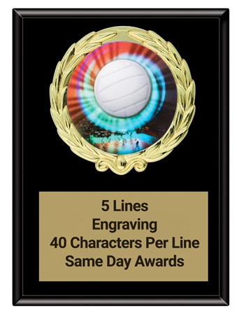 Black Magic Volleyball Plaque featuring full-color volleyball insert, gold wreath design, and custom engraved plate