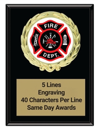 Black Magic Fire Dept recognition plaque with gold wreath and engraved plate