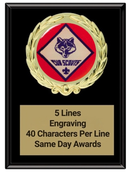 Boy Scout Award Plaque Custom Engraved Economy Scout Recognition Plaque with Gold Wreath Design
