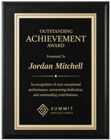 black and gold recognition plaque with custom engraving for corporate award