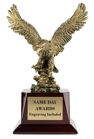 Pershing Gold Eagle Trophy Award with metallic eagle sculpture and rosewood base custom engraved recognition award