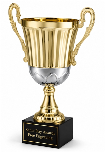 Venezia Gold and Silver Trophy Cup with Black Marble Base and Free Custom Engraving