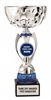 Blue metal trophy cup with custom logo insert, polished metal cup, blue accents, and genuine marble base