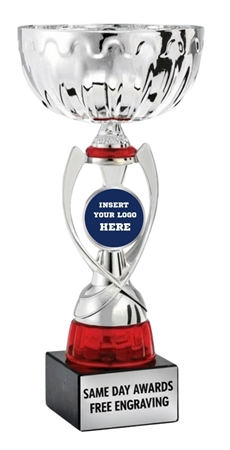 11.75 inch red and silver metal cup trophy with custom logo engraving and marble base championship award