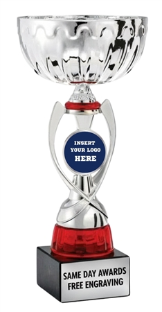 11.75 inch red and silver metal cup trophy with custom logo engraving and marble base championship award