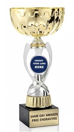 12.5 inch gold metal cup trophy with silver trim custom logo engraving and marble base championship award
