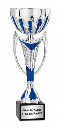 Royal blue and silver championship trophy cup with Italian marble base and custom engraved award plate
