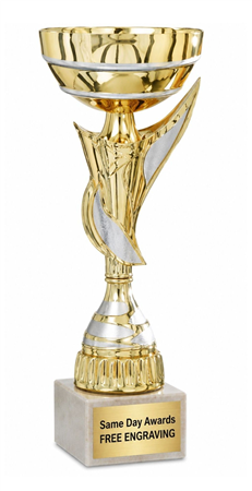 Gold championship trophy cup with Italian marble base and custom engraved award plate