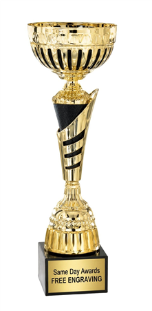 Black and gold championship trophy cup with Italian marble base and custom engraved award plate
