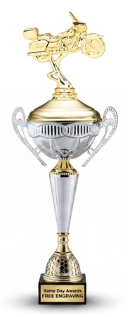 21 inch Polaris Touring Motorcycle Trophy Cup featuring a premium metal championship cup, touring motorcycle figure, and marble base