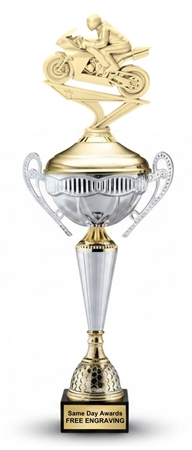 Racing Motorcycle Polaris Trophy Cup with premium metal championship cup, racing motorcycle topper, and black marble base