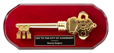 Cherrywood Gold Cast Key to the City Award Plaque with custom engraved ceremonial recognition plate