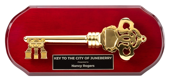 Cherrywood Gold Cast Key to the City Award Plaque with custom engraved ceremonial recognition plate