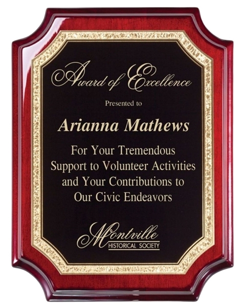 rosewood scalloped recognition plaque with gold engraving for corporate award
