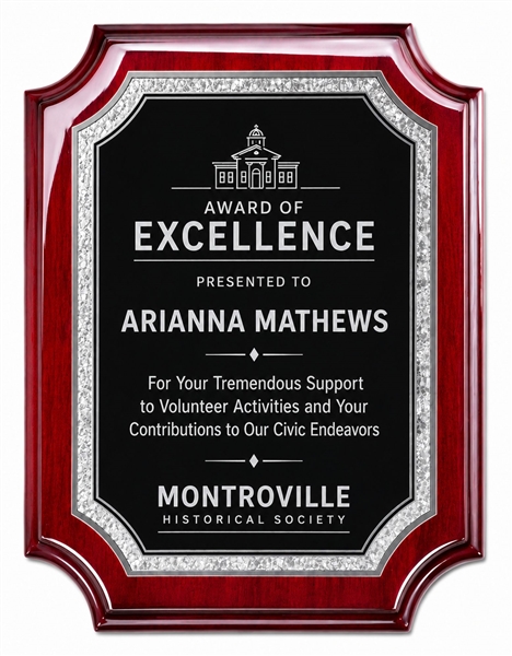 Rosewood Piano Finish Scalloped Recognition Plaque with Silver Engraved Black Plate