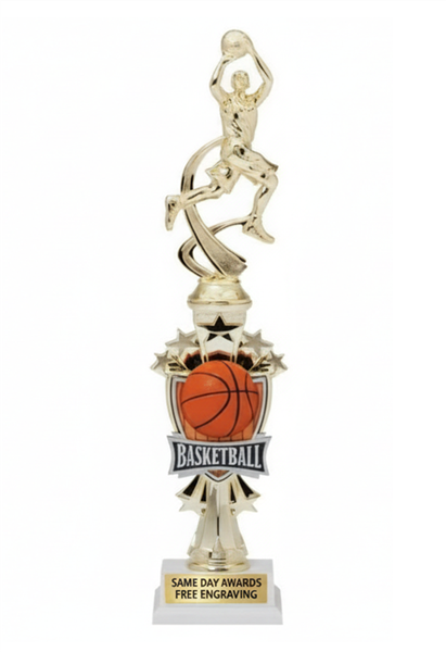 Sports Motion Boys Basketball Trophy with motion basketball player figure and custom engraved nameplate