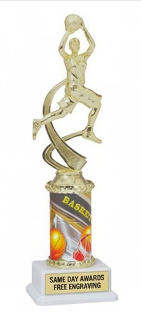 10 inch girls basketball theme trophy with gold-tone female player figure and colorful basketball column