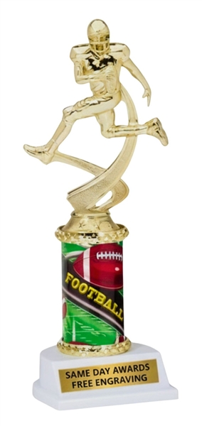 Sports Theme Football Trophy featuring football player figure, football-themed column, and custom engraved gold plate