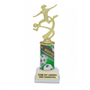 Girls Soccer Theme 10 inch Single Column Trophy with female soccer figure, themed column, and white base