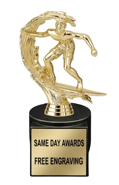 Gold Surfer Trophy with free custom engraving for surf competitions and beach sporting events