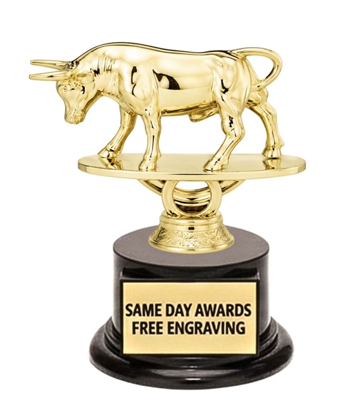 Gold Raging Bull Trophy with Free Custom Engraving on Weighted Ebony Base for Rodeo, Bull Riding, Livestock Shows and Western Awards