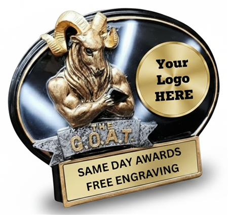 Custom Logo GOAT Trophy with team logo upload option and personalized engraving plate