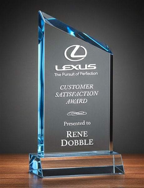 Blue wedge acrylic award trophy with blue accent edges and custom engraving
