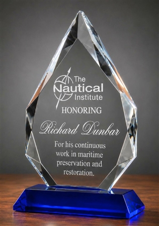 Premium Blue Diamond Crystal Award with 1 Inch Thick Optical Crystal, Blue Crystal Base, and Free Custom Laser Engraving