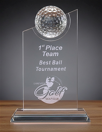 Crystal Peak Golf Trophy featuring 3D crystal golf ball and custom engraving for golf tournament champions and recognition awards