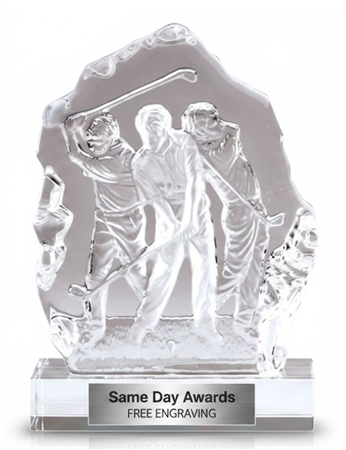 Sculpted crystal golf trophy featuring golfers in action and custom engraving